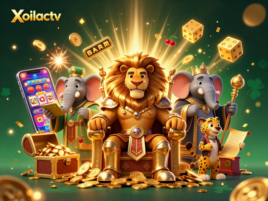 Xoilactv showcases a vibrant casino scene featuring a lion king and dynamic game symbols bursting with excitement.
