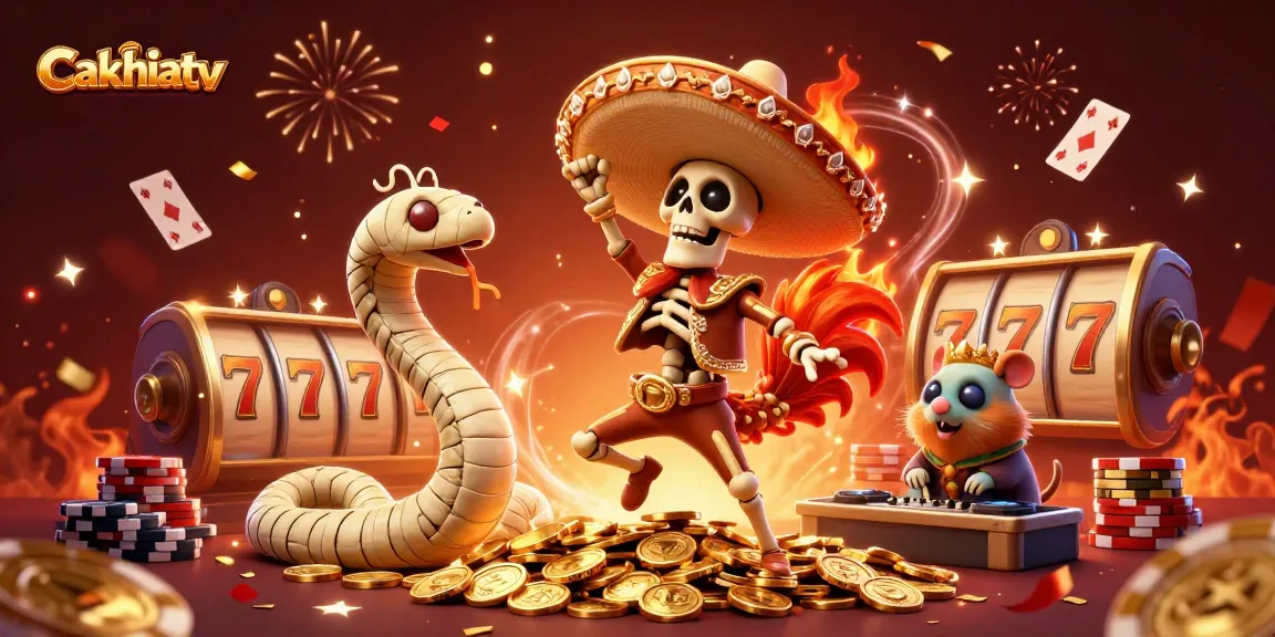 Cakhiatv celebrates with a lively 3D scene of exciting casino action featuring a dancing mariachi rooster, mummy snake, and DJ hamster.