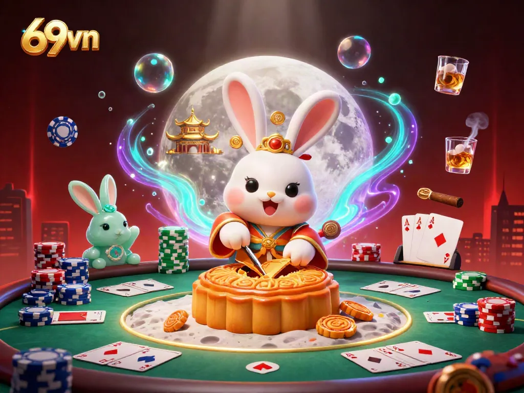 Experience thrilling gameplay with 69vn as the moon rabbit unveils poker chips from mooncakes in a vibrant casino scene.