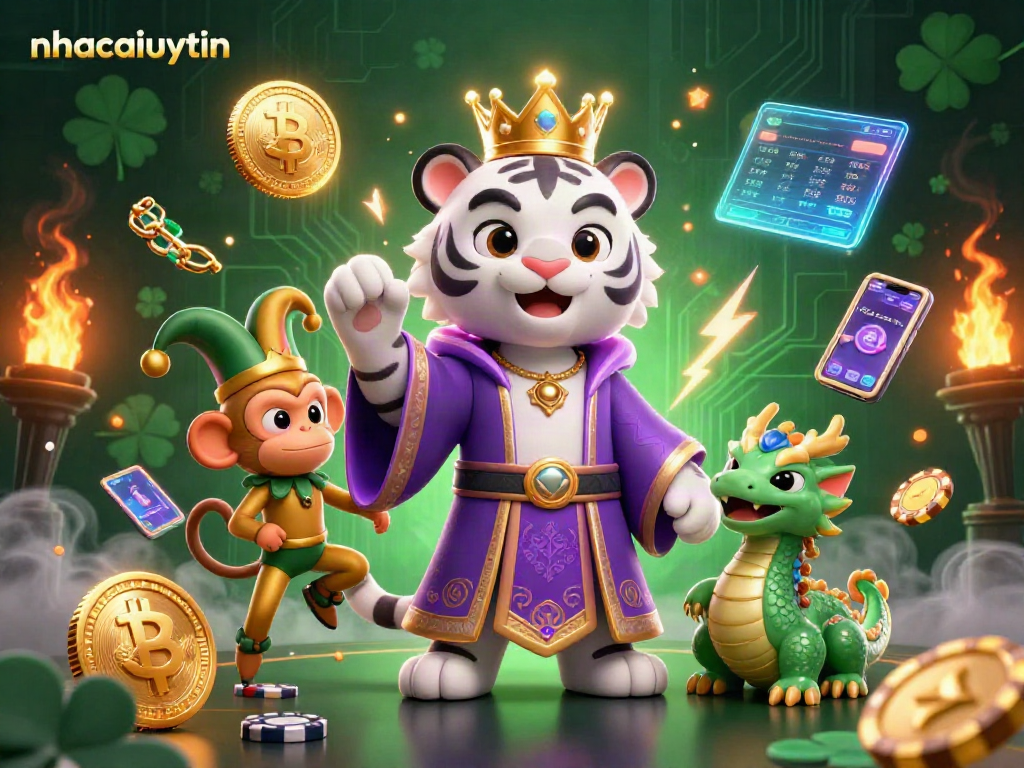Engage with nhacaiuytin's vibrant casino scene showcasing a tiger, monkey, and dragon with dynamic crypto elements.