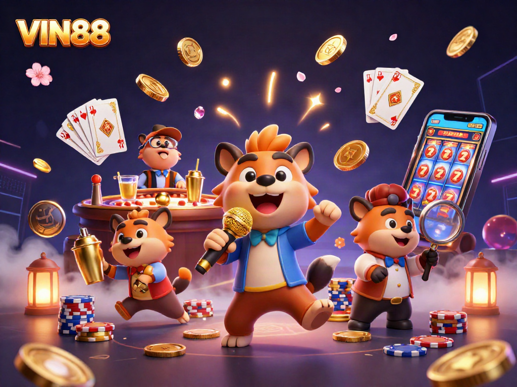 Experience the thrill of VIN88 as hyenas run a vibrant comedy casino club, capturing dynamic gaming moments.