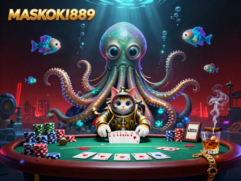 Experience thrilling gambling with MASKOKI889 as a kraken and diving cat interact amidst poker elements.