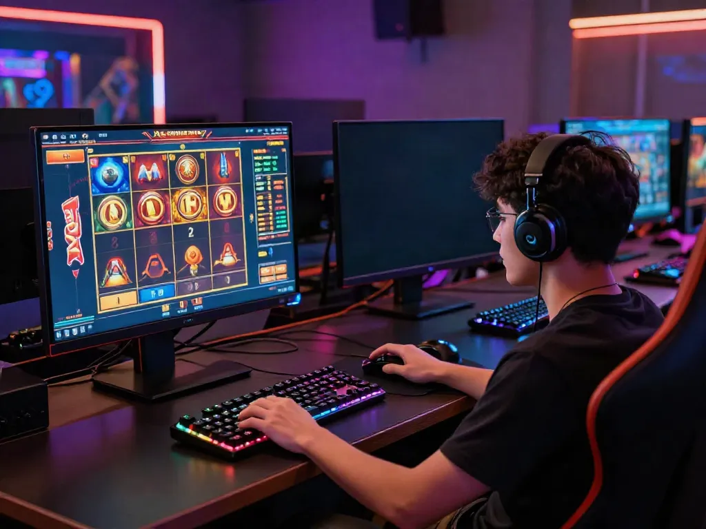 Player engaged in QQMacan online slots with vibrant graphics and gaming accessories
