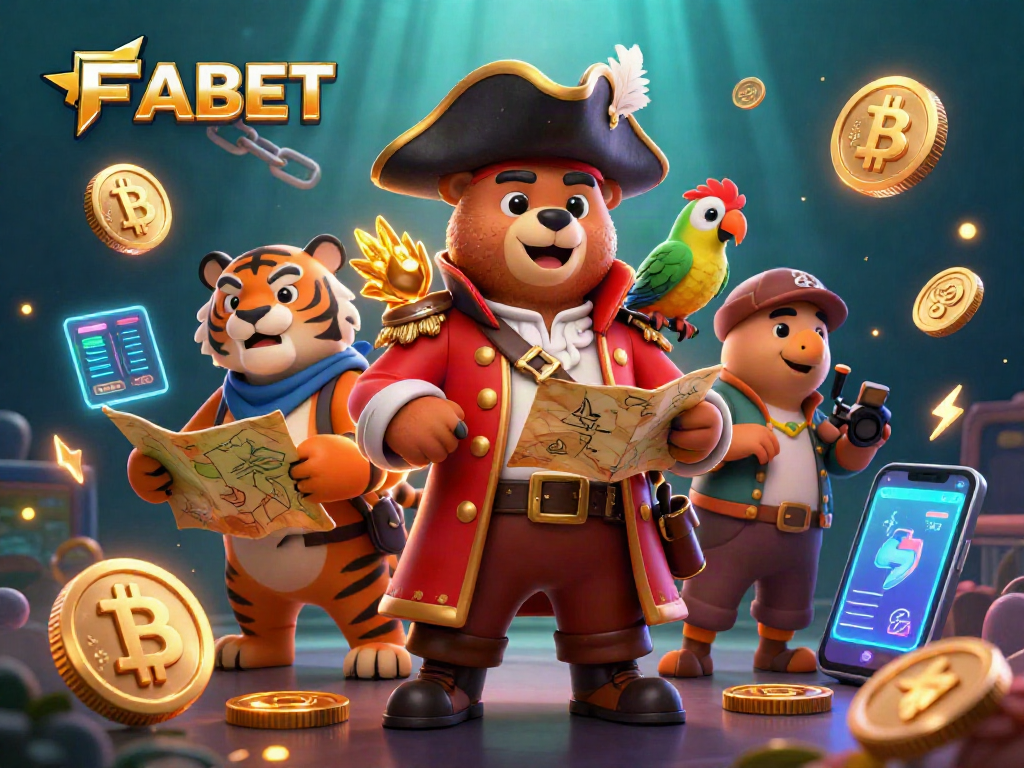 FABET enhances casino excitement with a vibrant scene of a pirate bear and tiger amidst glowing cryptocurrency elements.