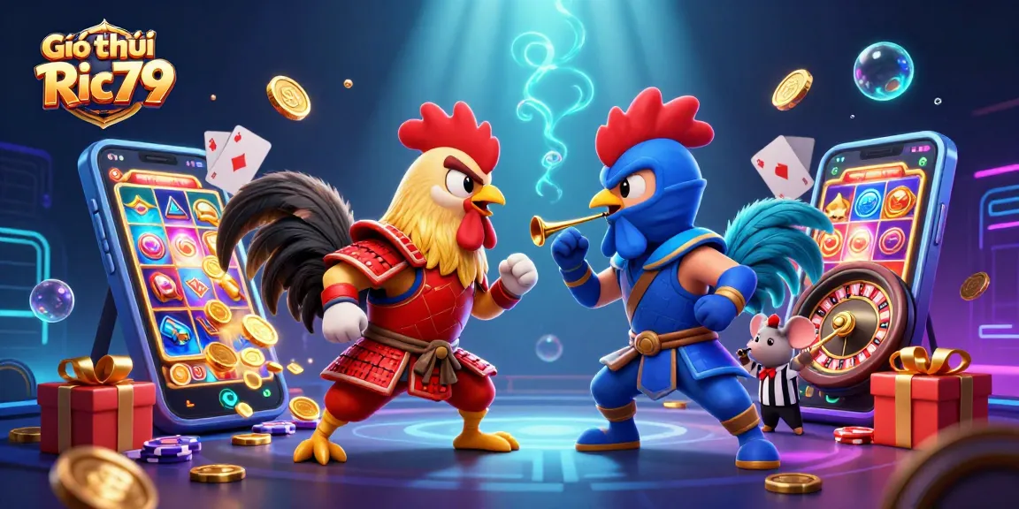 Engage in thrilling gameplay with Giới thiệu Ric79 featuring dynamic fighting roosters and casino elements.