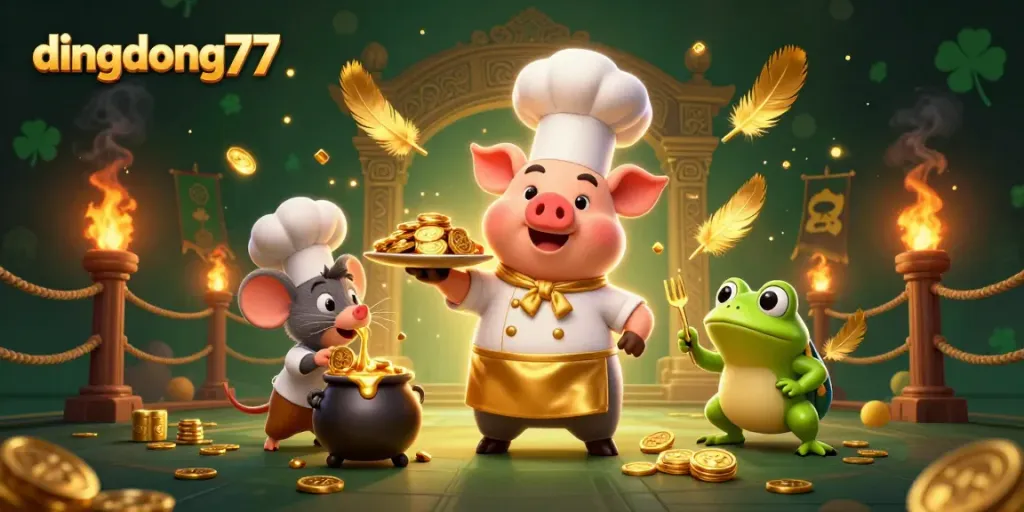 Experience the excitement of dingdong77 with golden coins and vibrant characters in a dynamic casino setting.