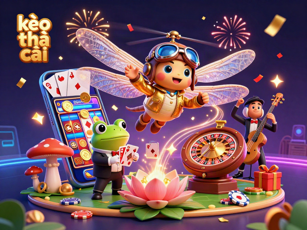 Engage in thrilling kèo nhà cái gameplay featuring a dragonfly pilot and frog croupier in a lively casino scene.