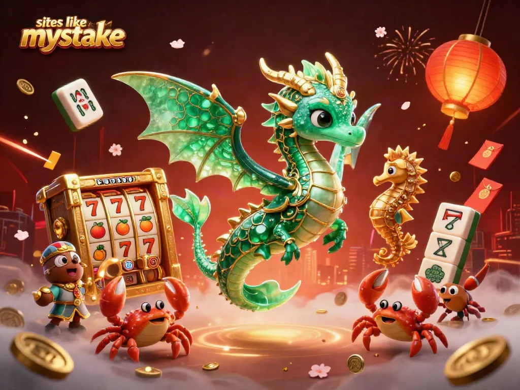 Engage with vibrant casino thrill at sites like mystake featuring a jewel dragon and slot symbols.