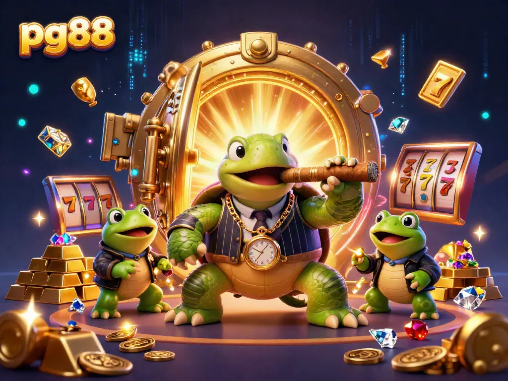 Experience the excitement of pg88 with a vibrant scene of a turtle mobster and bullfrog enforcers in a dazzling casino atmosphere.