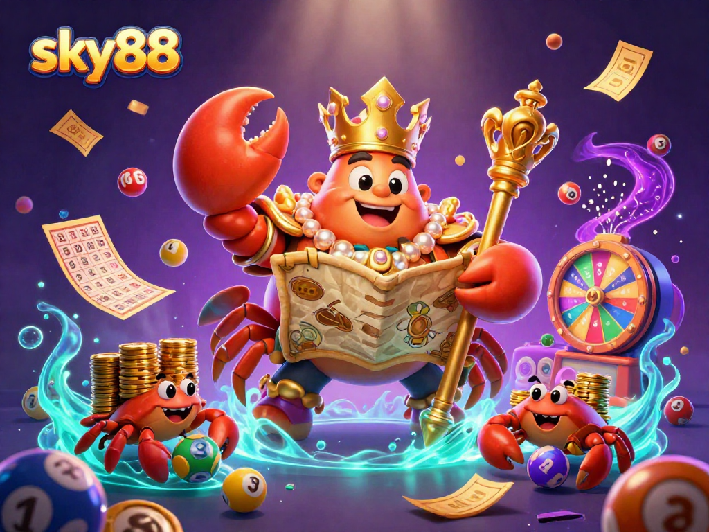 Experience exciting wins at sky88 with our vibrant 3D casino illustration featuring a golden crab and lottery elements.