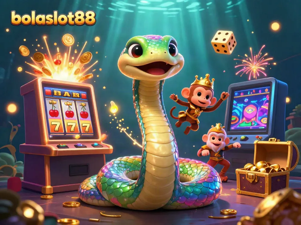 Engage in exciting gameplay at bolaslot88 with vibrant slot-themed 3D illustration featuring a serpent and monkey king.