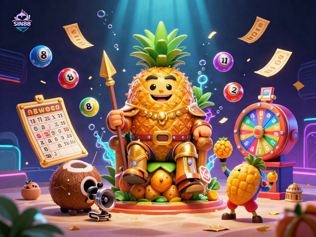 SIN88 engages players in a vibrant 3D casino scene with lottery balls and excitement.