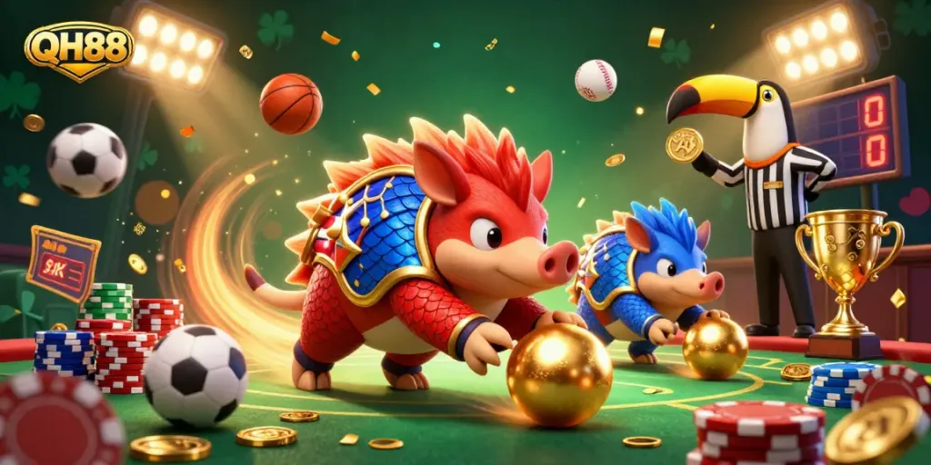 Engage in thrilling betting at QH88 with rival pangolins bowling through poker chips in a vibrant casino.