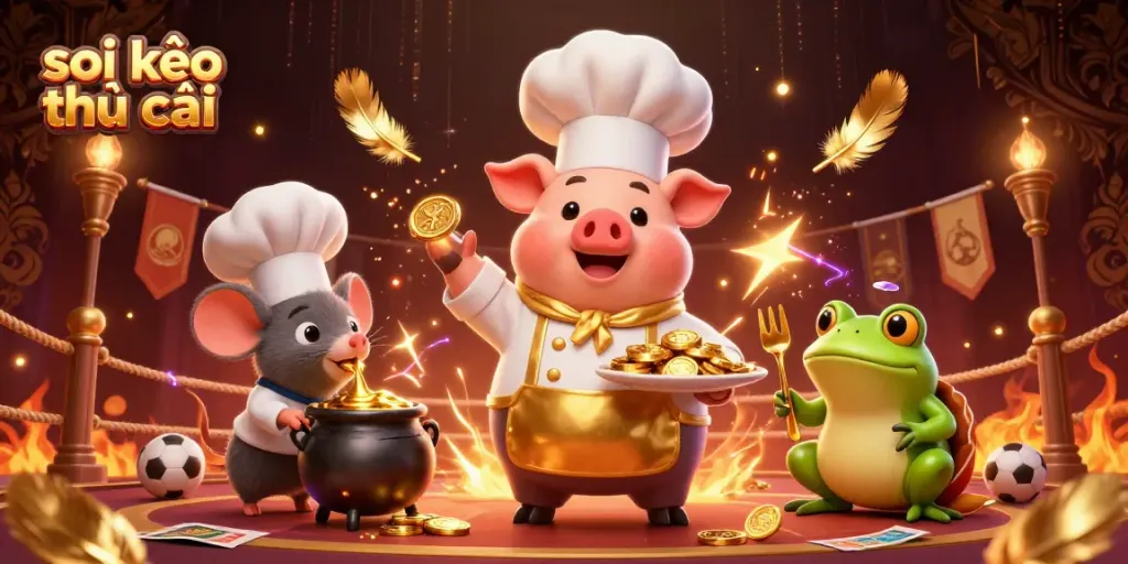 Engage in betting excitement with soi kèo nhà cái, featuring a chef pig serving gold coins in a lively casino scene.