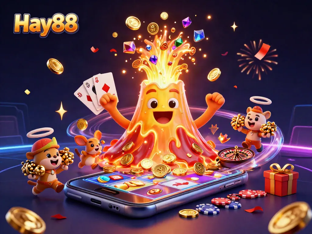 Experience excitement with Hay88, where a golden volcano erupts coins amidst slot games and treasure.