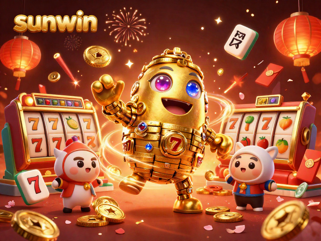 Engage with sunwin's vibrant casino graphics featuring a golden golem amidst dynamic slot elements.