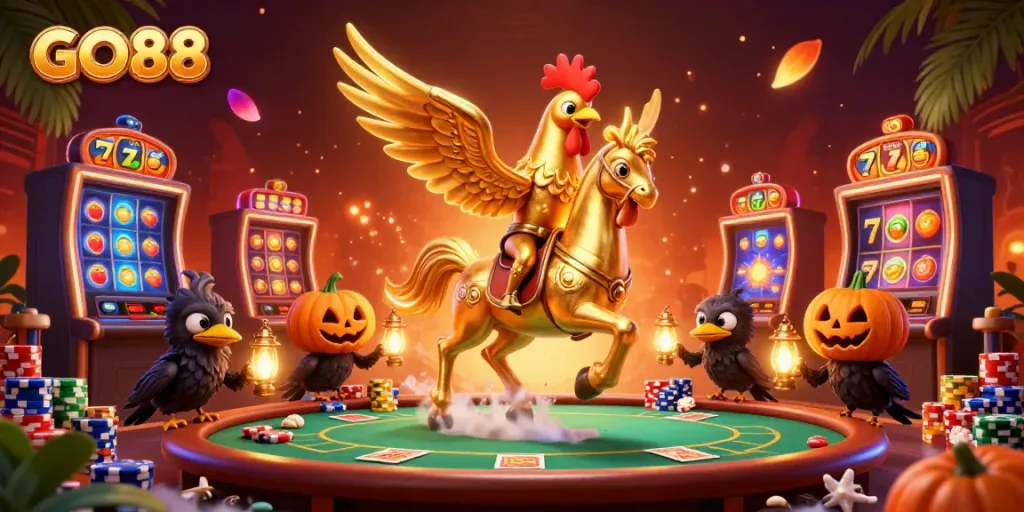 Experience the excitement of GO88 in a vivid casino scene featuring the golden rooster and friendly crows.