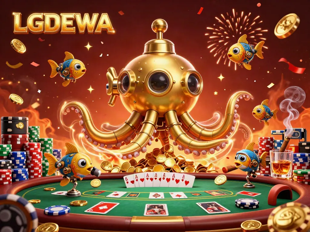 Experience the thrill of LGODEWA with a golden kraken submarine amidst cascading casino elements.