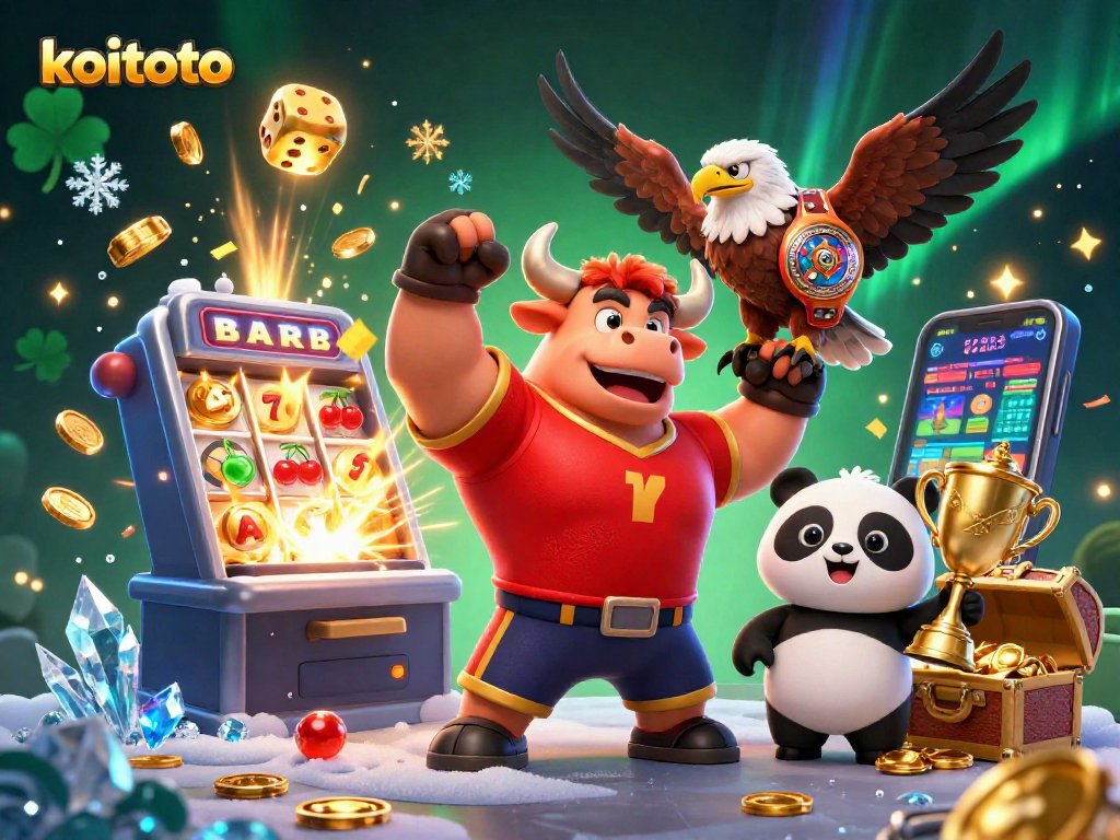 Koitoto memicu jackpot besar dengan grafis slot penuh warna dan karakter ikonik yang bersinar.