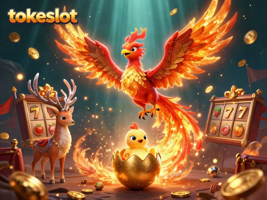 Experience thrilling gameplay at tokeslot with a vibrant 3D illustration featuring fiery phoenixes and slot elements.