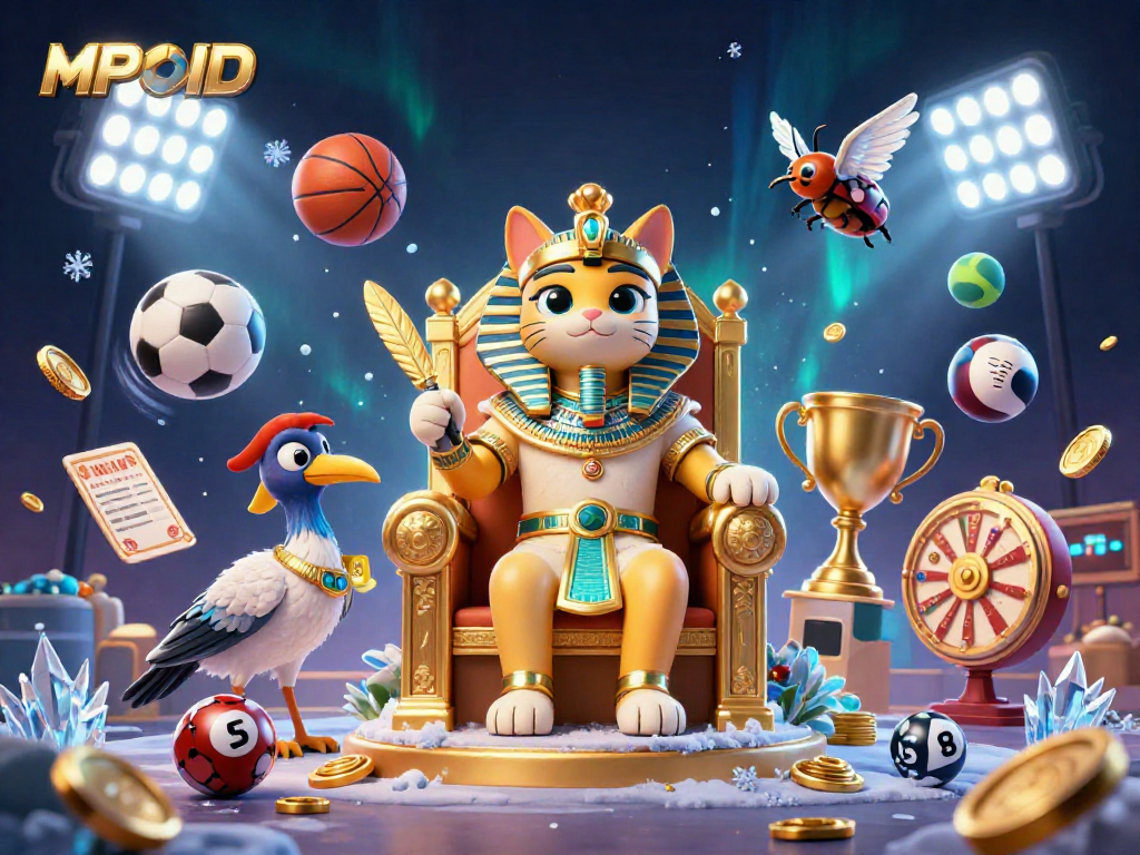 MPOID showcases an elaborate 3D illustration of a gambling-themed scene featuring a pharaoh and various sports elements.