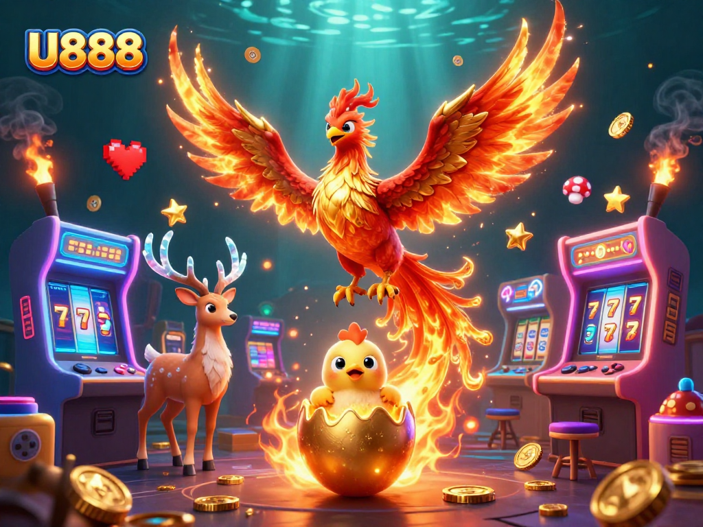 Experience the magic of U888 with a vibrant scene of a phoenix, arcade games, and slot elements.